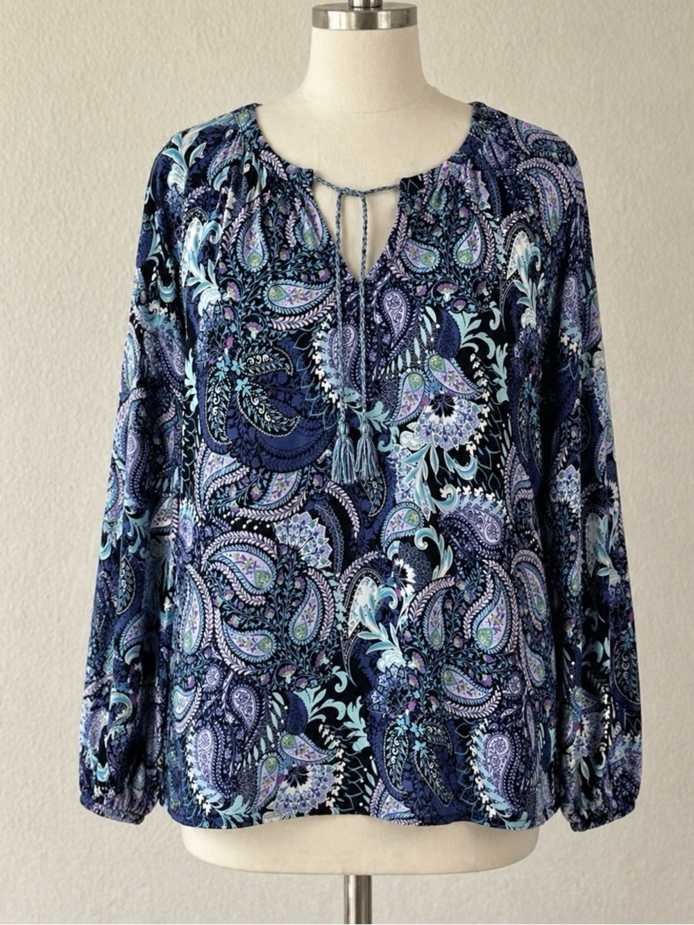 J JILL Paisley Tunic Blouse L Relaxed Lightweight Boho Spring Travel Blue Purple